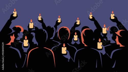 crowd of supporters holding candles at a vigil, vector illustration for hopeful remembrance, memorial service and community solidarity