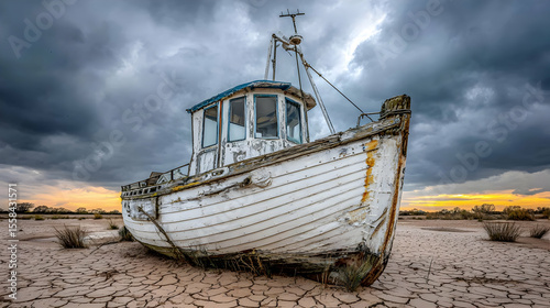 stranded on dry cracked land under a dramatic sky filled with ominous clouds