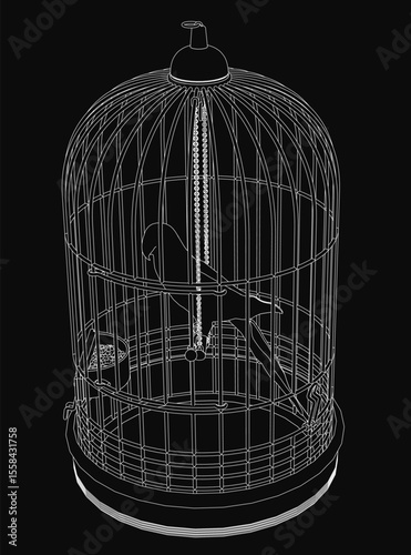 A black and white drawing of a parrot perched inside a metal cage, looking outward through slightly ajar bars. The cage door has a visible handle, emphasizing the bird's confinement.