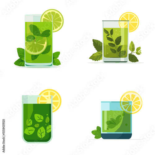 Refreshing green drinks with mint leaves and lemon slices in glass cups, perfect for detox or healthy beverage concepts in flat vector style.

