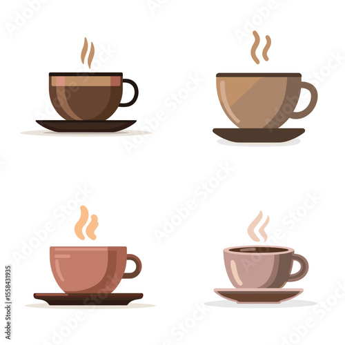 Set of steaming coffee cup illustrations in soft tones. Ideal for cafe branding, breakfast visuals, or hot beverage icons.

