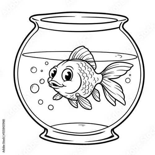 A cartoon goldfish with expressive eyes swims inside a simple round fishbowl, surrounded by rising bubbles.