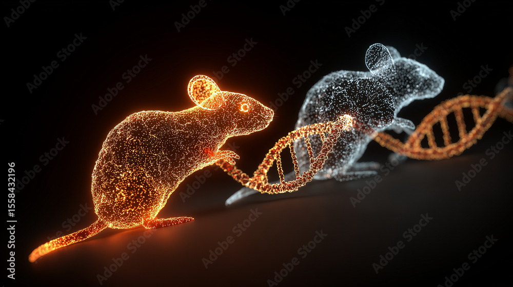 Fototapeta premium Two glowing mouse silhouettes connected by a DNA helix to their offspring, illustrating reproductive science.