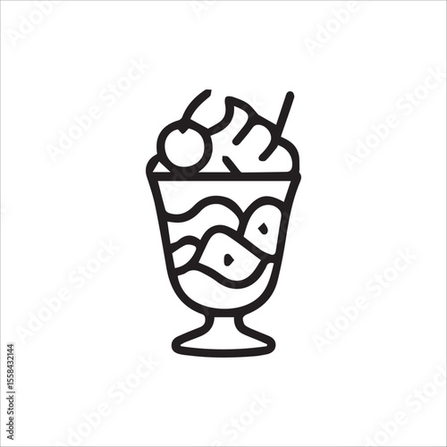 Delicious Ice Cream Parfait Dessert with Cherry and Cream Topping Line Art Icon
