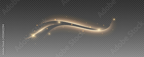 Fire trail wave, bright glow speed curve line. Glowing gold and white light stream, vector, png. Light curve line swirl effect.