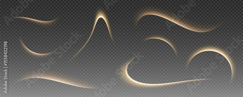 Fire trail wave, bright glow speed curve line. Glowing gold and white light stream, vector, png. Light curve line swirl effect.