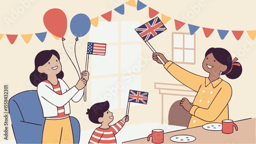 Family celebrates with american and british flags at a party with balloons and festive decorations indoors