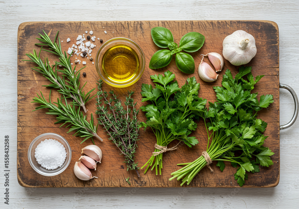 Culinary herb prep scene with olive oil and garlic. Perfect for cooking blogs, kitchen lifestyle visuals, and food ingredient stock. Culinary herb prep scene with olive oil and garlic. Perfect for cooking blogs, kitchen lifestyle visuals, and food ingredient stock.