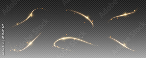 Fire trail wave, bright glow speed curve line. Glowing gold and white light stream, vector, png. Light curve line swirl effect.