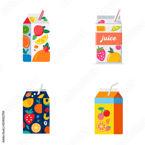 Colorful juice cartons with fruit graphics and straws in flat vector style. Ideal for beverage packaging, drink menu, and healthy drink concepts.

