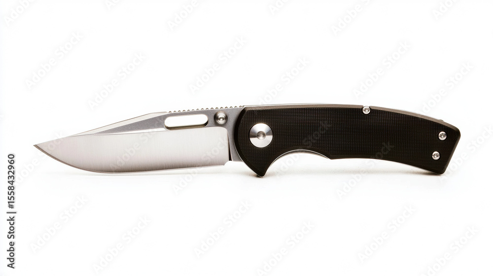 sleek folding pocket knife with a stainless steel blade and black textured handle isolated on white. sleek folding pocket knife with a stainless steel blade and black textured handle isolated on white.