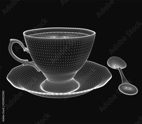 A 3D-rendered cup and saucer with a spoon on a sleek black background, featuring realistic textures and lighting. The cup has a smooth ceramic finish, while the saucer displays subtle curvature