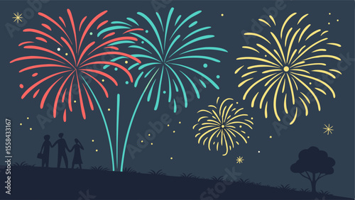 Family watching colorful fireworks display in the night sky with a tree and grass silhouette, festive scene