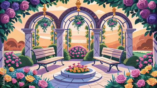 romantic rose garden with blooming archways, stone benches, and lush blossoms ideal for wedding themes, floral design, and tranquil scenery