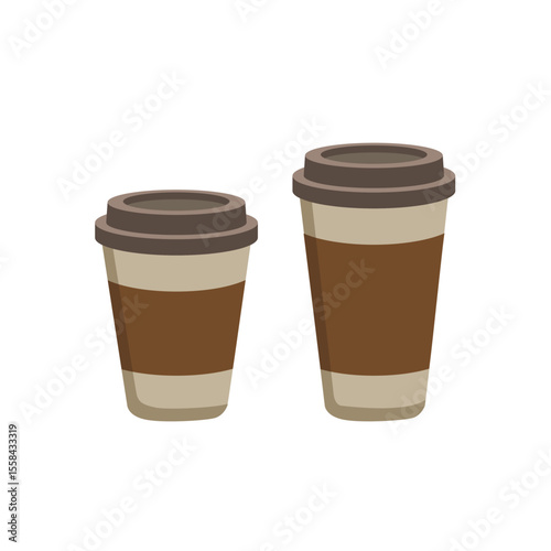 Takeaway paper coffee cup with lid and carton sleeve. Two take-away takeout tea cup closed with plastic caps. Coffee, latte, hot drink to go. Vector illustration isolated on white background