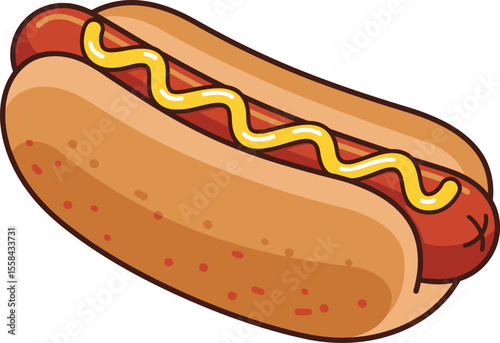 Cartoon illustration of a hot dog in a bun, topped with yellow mustard.