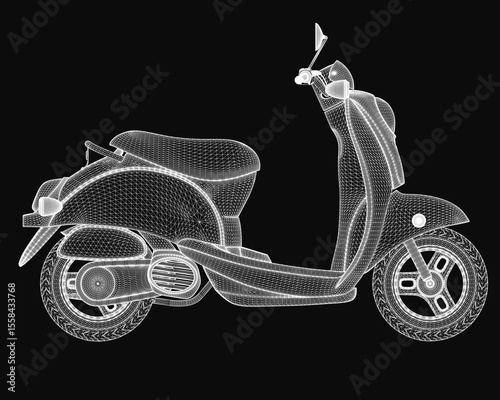3D wireframe model of a scooter with realistic details, showcasing its iconic curves and structure on a sleek black background. The clean lines and transparent mesh design