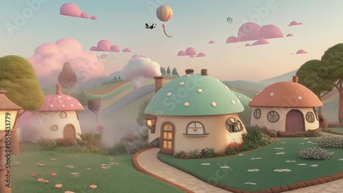 Enchanting 3D Animated Mushroom Village Sunrise Hot Air Balloon Pastel Colors Whimsical Fantasy Landscape Adorable Homes Sweet Cottage Charming