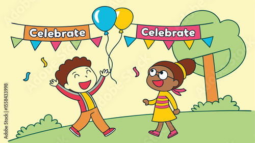 Cartoon illustration of two children celebrating with balloons confetti and a celebrate banner in a park