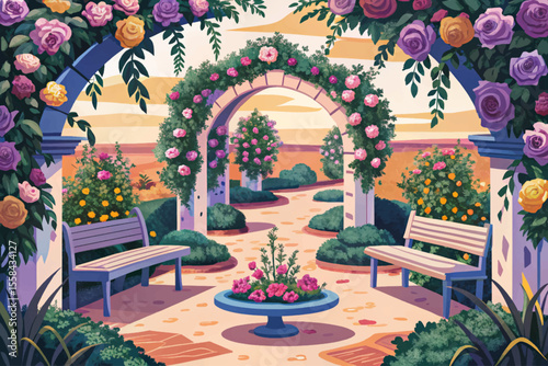 romantic rose garden with blooming archways, stone benches, and lush blossoms ideal for wedding themes, floral design, and tranquil scenery
