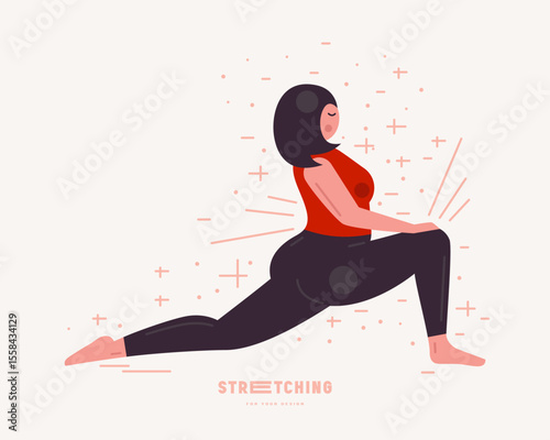 Illustration of body positive woman doing stretching. Stylized flat graphic style for your design. Color print on white background