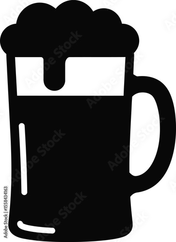 A black and white illustration of a full beer mug with foamy head.