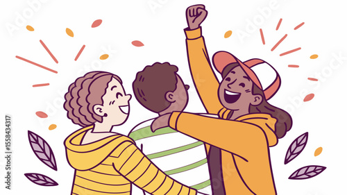 Illustration of three friends celebrating with one raising their arm in excitement and joyfulness