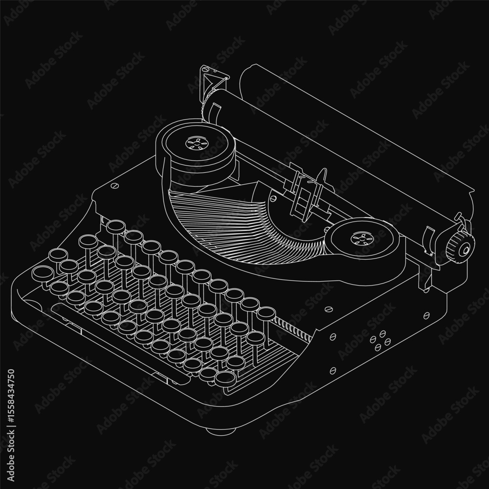 A vintage black and white typewriter sits on a solid black background, featuring a classic design with white keys and a sleek black body. The timeless aesthetic highlights retro technology