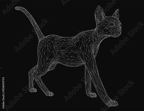 A wireframe cat composed of geometric shapes and lines walks gracefully on a black background. The intricate design highlights the feline form with clean, digital precision.