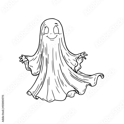 Funny ghost flying, black and white ink sketch. Vector illustration. A smiling ghost, isolated on a white background. Halloween theme, children's books, postcards, textiles and children's books