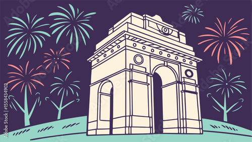 India gate illuminated with fireworks against a dark sky in a stylized cartoon illustration style