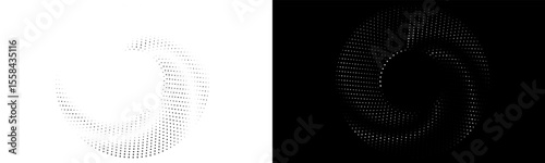 Modern abstract background. Halftone dots in circle form. Spiral logo, icon or design element. Black dots on a white background and white dots on the black side.