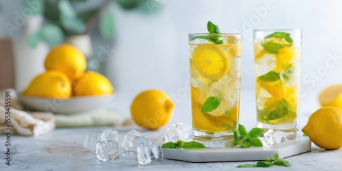 The refreshing lemonade drinks garnished with mint and ice cubes.
