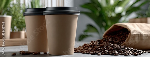 Enjoy brown coffee beans and vibrant coffee cups on a wooden table surrounded by lush plants and soft city lights in a cozy coffee shop interior