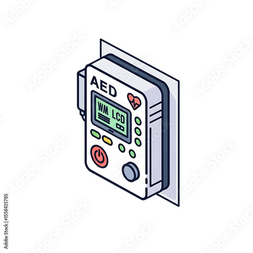 Wall-mounted AED defibrillator unit.