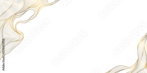 Vector golden line wave frame, curve premium art background. Luxury ocean banner, could backdrop, modern texture. Elegant glitter organic elements