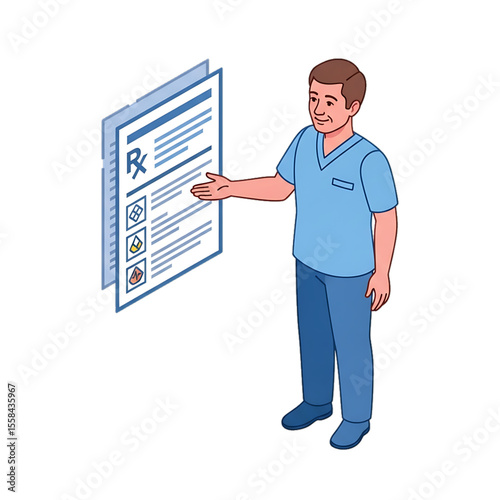 Pharmacist explaining prescription to patient.