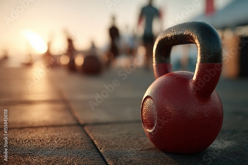 Red kettlebell resting on the ground at sunset, with blurred athletes training in the background, creating a vibrant fitness atmosphere