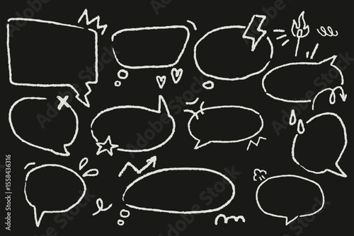 Hand-drawn comic speech bubbles with fun cartoon emotions. Rough chalk for school presentations, kids posters, humorous notes. Minimal and emotional for visual clarity.
