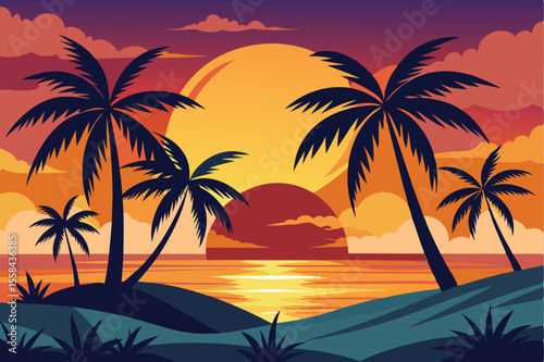 Tropical Sunset Paradise Silhouetted Palm Trees on a Vibrant Beach at Dusk