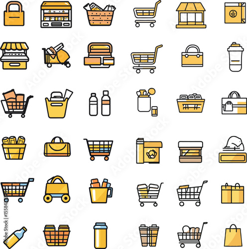 A set of icons for shopping, simple line art with color on a white background. The icons include a shopping cart, a store front, a cash register,