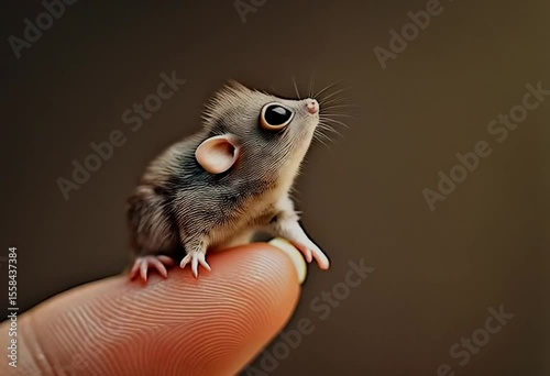 A tiny rodent like creature with grayish fur and large black eyes perches on a fingertip, subtly shifting against a blurred neutral background.