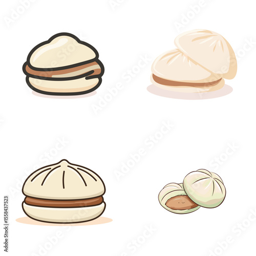 Minimalist illustration of steamed buns with various fillings, perfect for Asian food, dim sum, and bakery concepts.

