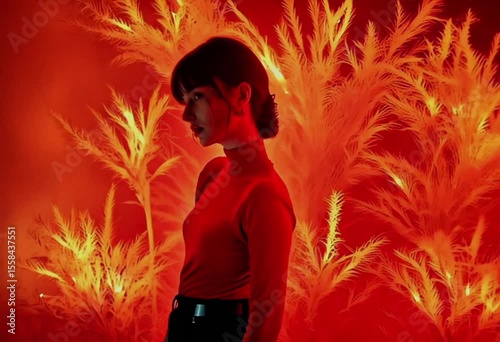 A woman in a red turtleneck and black skirt stands with fiery pampas grass. Subtle lighting shifts and slight movements enhance the dynamic scene.