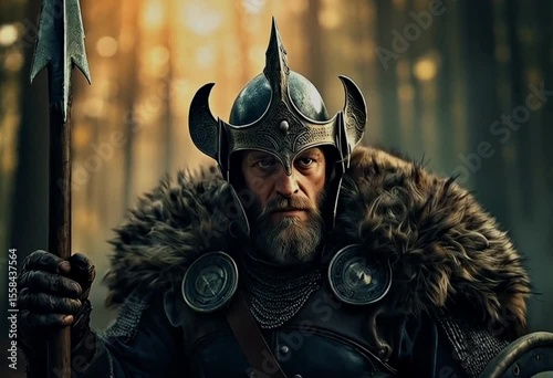 A warrior in medieval armor with a fur lined cloak stands in a forest. Sunlight filters through trees as he adjusts his spear and fur sways gently.