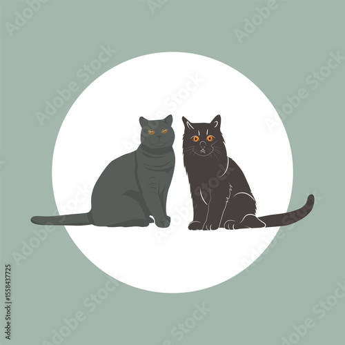 An elegant illustration of a grey cat, likely a Russian Blue or similar breed, sitting calmly and looking back with alert, expressive yellow-green eyes.