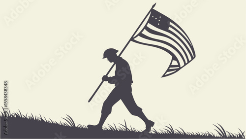 Silhouette of a soldier carrying an american flag on a pole walking on grass with a light background color