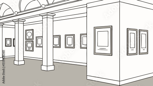 Illustration of an art gallery interior with framed pictures and architectural columns and ceiling arches