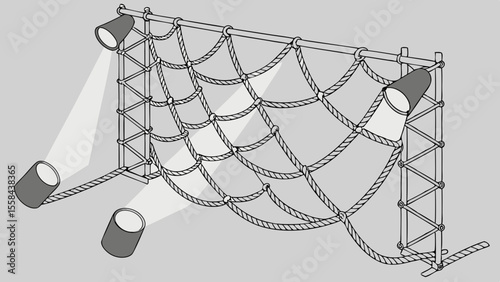 Illustration of a rope climbing net structure with spotlights illuminating the climbing frame area well
