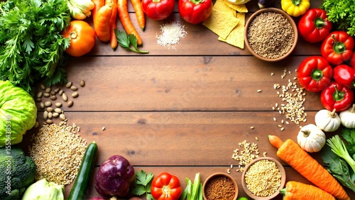 Fresh produce arrangement, vibrant vegetables and fruits on a wooden table, ideal for healthy cooking or recipe design.
